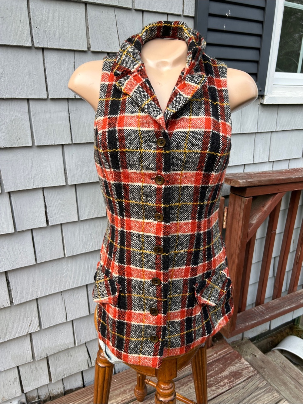 College Town of Boston Vintage Longline Plaid Button Down Wool Vest Dress